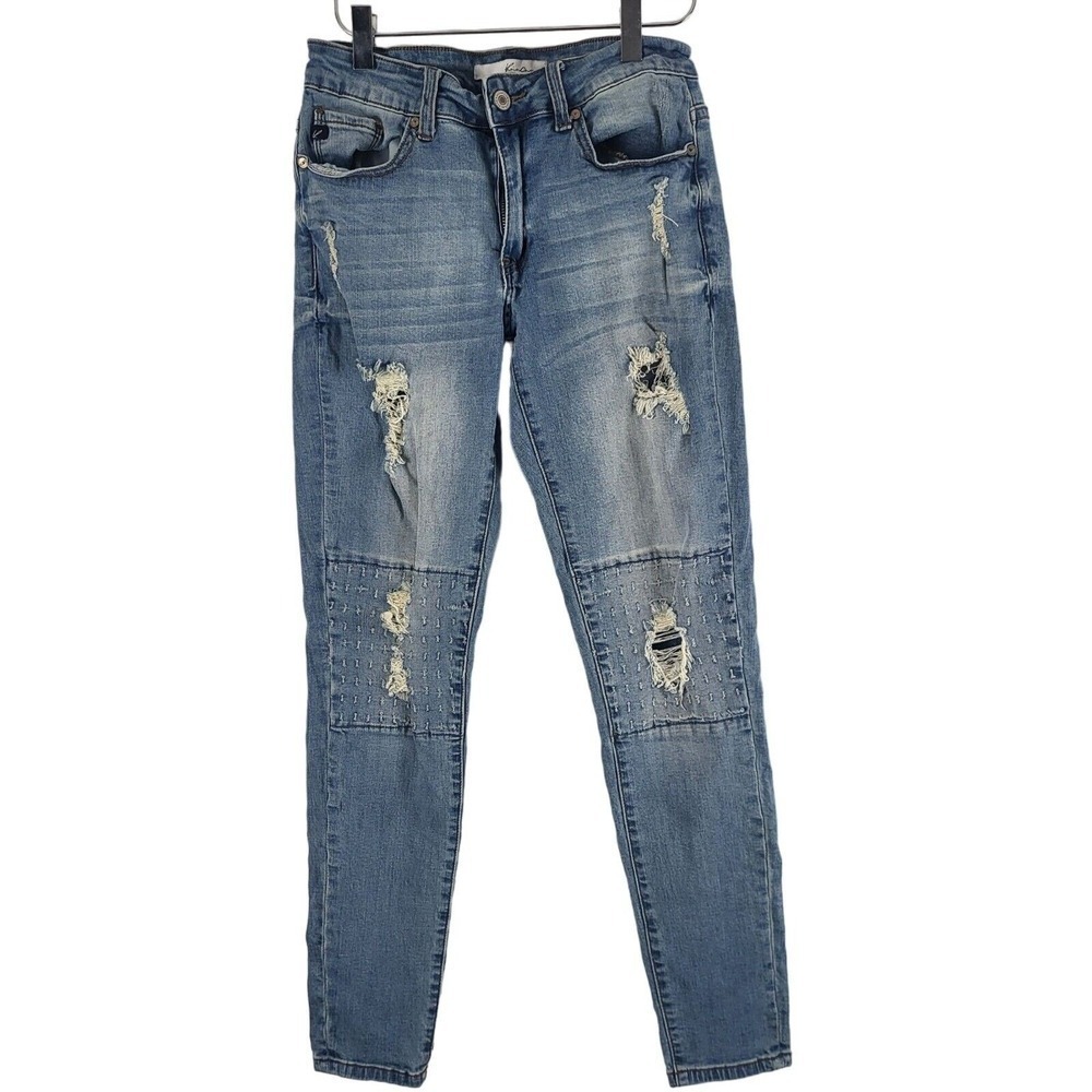 Kancan Jeans 7/27 Womens Mid Rise Skinny Leg Distressed Light Wash Denim Bottoms